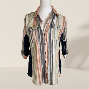 Cavalini Striped Button-Front Shirt with Navy Side Panels